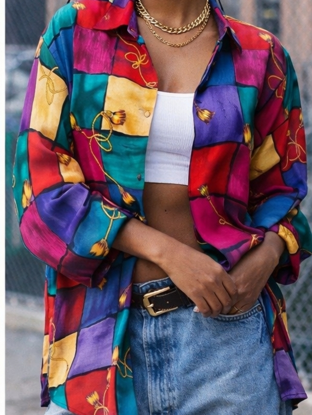 Full Button Vintage Blouse Size M Colorful Geometric Print Tassel Detail 80s 90s - Picture 5 of 9